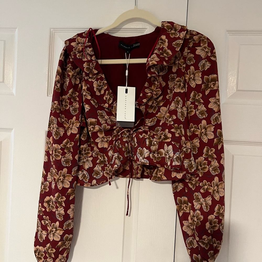 Endless Rose Burgundy Floral Tie-Front Blouse